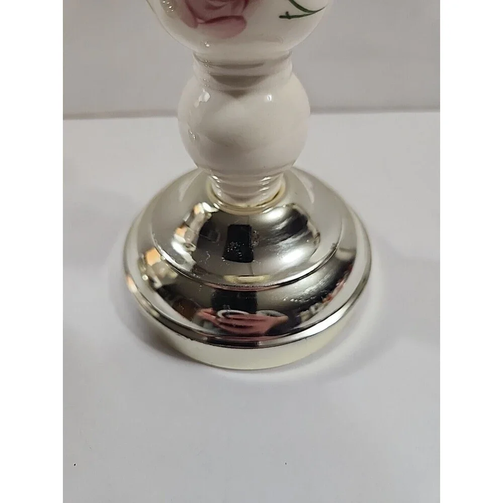 (2) Home Interiors Candle Holders Shabby Chic Pink Floral Gold Taper 7.5